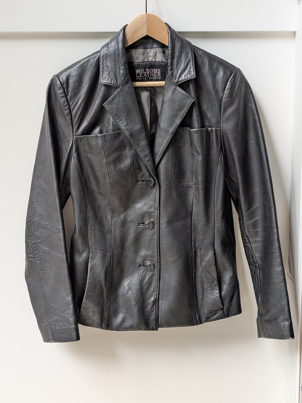 Rare 90s Vintage Wilsons Leather Pelle Sudio Women's Black Leather Blazer Jacket